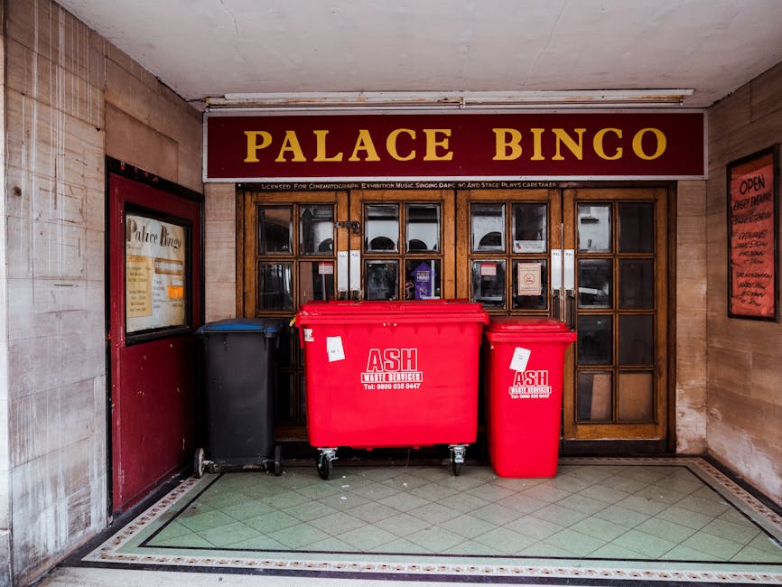 Interior scene inside a building showing the entrance to Palace Bingo, with a wooden door and multiple glass panes. In front of the door, there are three large waste bins: a black bin with wheels and a blue lid, a large red bin with the label 'ASH Waste Services' positioned directly in front of the door, and a smaller red bin also labeled 'ASH Waste Services' to its right. The bins are placed on a tiled floor with a decorative border, and the surrounding walls are constructed of concrete and stone, with a red sign on the right side indicating the opening hours. The environment suggests a typical urban property entrance, and the positioning of the waste bins hints at the collection of bulk waste or refuse, possibly related to home or commercial removal services. Man with Van Cann Hall could assist with furniture transport and packing during a house relocation or clearance, supported by the scene of loading and waste disposal areas.