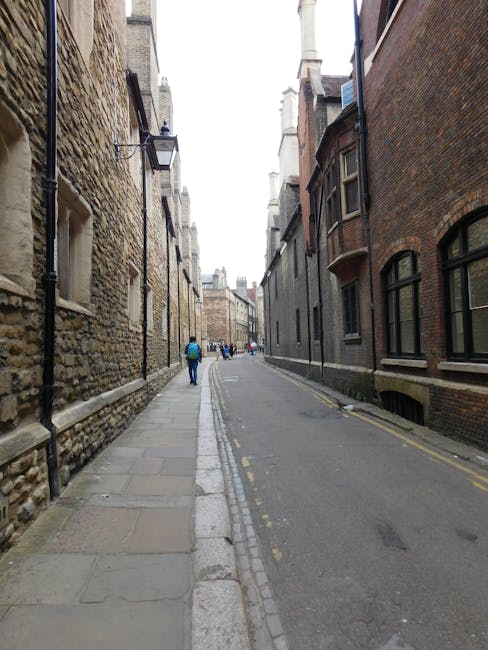 A narrow residential street on Cann Hall Estate with closely packed terraced houses on both sides, constructed from brick and stone, featuring small front gardens, white-framed windows, and various external pipes visible along the facades. The street has a grey asphalt surface, with concrete pavements running along the edges. Overhead, visible power lines cross the street, connecting the houses. The scene is captured in daylight with an overcast sky, creating diffuse lighting. In the foreground, the street appears empty, with no vehicles or moving activity visible. The image depicts a typical quiet neighbourhood setting suitable for house removals and home relocation services, where Man with Van Cann Hall could assist with furniture transport and packing during moving days. The lack of clutter or obstructions emphasizes the straightforward logistics of moving through narrow city streets, highlighting the importance of professional removals specialists in managing such urban environments.
